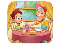 Imagem: Ilustração. Um menino e um idoso estão sentados em volta de uma mesa com pratos em cima. O senhor segura uma garrafa com a mão estendida em direção ao menino. Fim da imagem.
