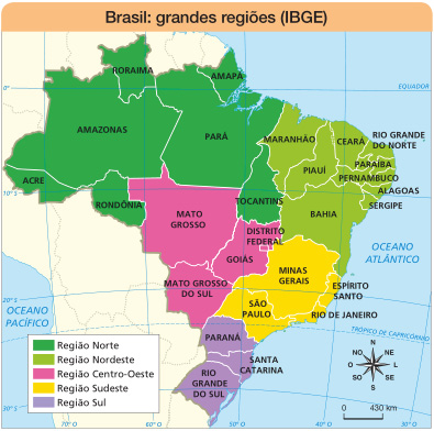 Imagem: Mapa. Brasil: grandes regiões (IBGE). Mapa do Brasil com destaque para:  Região Norte: Acre, Amazonas, Roraima, Amapá, Pará, Tocantins e Rondônia.  Região Nordeste: Maranhão, Piauí, Ceará, Rio Grande do Norte, Paraíba, Pernambuco, Alagoas, Sergipe e Bahia.  Região Centro-Oeste: Mato Grosso, Distrito Federal, Goiás e Mato Grosso do Sul.  Região Sudeste: Minas Gerais, São Paulo, Espírito Santo e Rio de Janeiro.  Região Sul: Paraná, Santa Catarina e Rio Grande do Sul.  No canto inferior direito, a rosa dos ventos (N, NE, L, SE, S, SO, O, NO) e a escala de 0 a 430 km.  Fim da imagem.