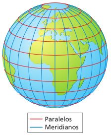 Imagem: Ilustração. Globo terrestre com linhas horizontais (paralelos) e linhas verticais (meridianos).  Fim da imagem.