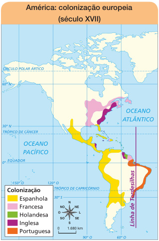 Imagem: Mapa. América: colonização europeia (século XVII). Na parte superior, colonização Inglesa, Francesa e Espanhola. Na parte inferior, colonização Espanhola e Portuguesa; pequenas colônias Inglesa e Francesa. Acima do Brasil, a Linha de Tordesilhas. No canto inferior esquerdo, a rosa dos ventos (N, NE, L, SE, S, SO, O, NO) e a escala de 0 a 1.680 km. Fim da imagem.