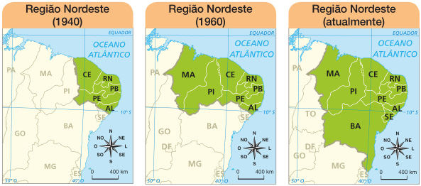 Imagem: Mapa. Região Nordeste (1940) abrangia: CE, RN, PB, PE, AL. No canto inferior direito, a rosa dos ventos (N, NE, L, SE, S, SO, O, NO) e a escala de 0 a 400 km. Mapa. Região Nordeste (1960) abrangia: MA, PI, CE, RN, PB, PE, AL. No canto inferior direito, a rosa dos ventos (N, NE, L, SE, S, SO, O, NO) e a escala de 0 a 400 km. Mapa. Região Nordeste (atualmente) abrange: MA, PI, CE, RN, PB, PE, AL, SE, BA. No canto inferior direito, a rosa dos ventos (N, NE, L, SE, S, SO, O, NO) e a escala de 0 a 400 km.  Fim da imagem.