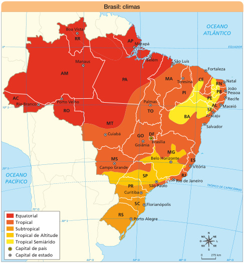 Imagem: Mapa. Brasil: climas. Mapa do Brasil com os estados e as capitais.  Equatorial (vermelho): regiões Norte e Centro-Oeste.  Tropical (laranja): regiões Centro-Oeste, Nordeste e Sudeste.  Subtropical (laranja-claro): região Sul.  Tropical de Altitude (amarelo-escuro): regiões Sudeste e Sul.  Tropical Semiárido (amarelo-claro): região Nordeste.  Capital de país: Brasília. No canto inferior direito, a rosa dos ventos (N, NE, L, SE, S, SO, O, NO) e a escala de 0 a 275 km.  Fim da imagem.