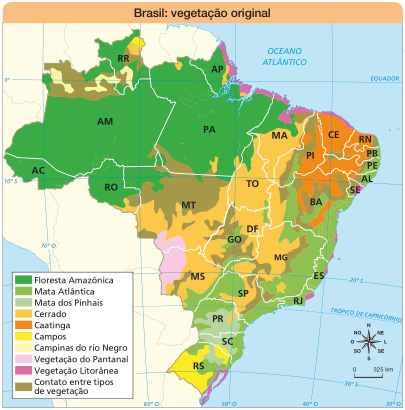 Imagem: Mapa. Brasil: vegetação original.  Floresta Amazônica: abrange AC, AM, RO, RR, PA, AP, MA.  Mata Atlântica: abrange PI, PB, PE, AL, SE, BA, TO, GO, MG, ES, RJ, SP, PR, SC, RS.  Mata dos Pinhais: abrange PR, SC, RS.  Cerrado: abrange RR, AP, PA, MT, TO, MA, PI, BA, DF, GO, MG, MS, SP.  Caatinga: abrange MA, PI, CE, RN, PB, PE, AL, SE, BA.  Campos: abrange RR, SC, RS.  Campinas do rio Negro: abrange AM, RR.  Vegetação do Pantanal: abrange MT, MS.  Vegetação Litorânea: abrange AP, PA, MA, CE, SE, BA, ES, RJ, RS.  Contato entre tipos de vegetação: abrange AM, RR, MT, MA, PI, CE, RN, PB, PE, AL, SE, BA, GO, MG, SP, MS.  No canto inferior direito, a rosa dos ventos (N, NE, L, SE, S, SO, O, NO) e a escala de 0 a 325 km.  Fim da imagem.