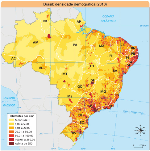 Imagem: Mapa. Brasil: densidade demográfica (2010).  Habitantes por km2:  Menos de 1: regiões Norte e Centro-Oeste.  1,00 a 5,00: regiões Norte, Centro-Oeste e Nordeste.   5,01 a 20,00: pequenas áreas na região Norte e grandes concentrações nas regiões Nordeste e Sul.   20,01 a 50,00: regiões Nordeste, Sudeste e Sul.   50,01 a 100,00: pequena área na região Norte e concentração nas regiões Nordeste e Sudeste.  100,01 a 250,00: regiões Nordeste e Sudeste.   Acima de 250: regiões Nordeste e Sudeste (costa brasileira).  No canto inferior direito, a rosa dos ventos (N, NE, L, SE, S, SO, O, NO) e a escala de 0 a 275 km.  Fim da imagem.