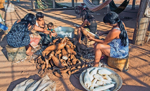 Imagem: Fotografia. À direita, uma mulher e uma jovem estão sentadas e descascando mandiocas. No centro há várias mandiocas empilhadas e uma panela com água. À esquerda, uma mulher está sentada ao lado de duas crianças. Ao fundo, redes coloridas. Fim da imagem.