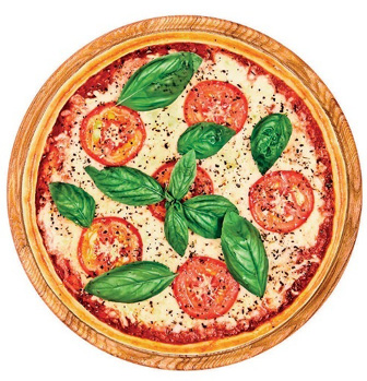 Imagem: Fotografia. Vista de cima de uma pizza com queijo, fatias de tomate e folhas de manjericão. Fim da imagem.