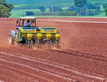 Imagem: Fotografia. Um homem está dirigindo um trator sobre um terreno plano com terra. Ao fundo, árvores.  Fim da imagem.