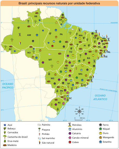 Imagem: Mapa. Brasil: principais recursos naturais por unidade federativa.  AC: Castanha-do-brasil, Madeira e Açaí.  RO: Madeira, Açaí, Castanha-do-brasil, Palmito, Manganês e Estanho.  AM: Castanha-do-brasil, Gás natural, Petróleo, Babaçu, Madeira, Piaçava, Açaí, Estanho e Ferro. RR: Madeira, Castanha-do-brasil e Açaí.  AP: Ferro, Ouro, Madeira, Palmito, Castanha-do-brasil e Açaí.  PA: Ouro, Estanho, Manganês, Alumínio, Cobre, Níquel, Ferro, Babaçu, Açaí, Palmito, Castanha-do-brasil e Madeira.  MT: Manganês, Calcário, Ouro, Palmito, Castanha-do-brasil e Madeira.  MA: Petróleo, Gás natural, Ouro, Carnaúba, Açaí, Babaçu, Madeira e Piaçava.  PI: Carnaúba, Babaçu e Madeira.  CE: Ferro, Petróleo, Gás natural, Madeira, Babaçu e Carnaúba.  RN: Ouro, Ferro, Petróleo, Gás natural, Sal marinho e Madeira.  PB e PE: Calcário e Madeira.  AL: Petróleo, Gás natural e Madeira.  SE: Petróleo, Gás natural e Madeira. BA: Calcário, Ouro, Manganês, Níquel, Cobre, Ferro, Petróleo, Gás natural, Piaçava, Babaçu e Madeira.  TO: Calcário, Ouro, Babaçu e Madeira.  GO: Manganês, Calcário, Ouro, Níquel, Alumínio, Cobre e Madeira.  MG: Ouro, Alumínio, Ferro, Níquel, Calcário, Estanho, Manganês, Pinhão e Madeira.  ES: Petróleo, Gás natural, Palmito e Madeira. RJ: Petróleo, Sal marinho e Gás natural.  SP: Ferro, Calcário, Alumínio, Estanho, Petróleo, Gás natural e Pinhão. MS: Manganês, Calcário, Ferro, Erva-mate e Madeira.  PR: Ouro, Calcário, Carvão mineral, Madeira, Erva-mate e Pinhão.  SC: Alumínio, Carvão mineral, Palmito, Madeira, Pinhão e Erva-mate.  RS: Calcário, Carvão mineral, Madeira, Pinhão e Erva-mate. No canto inferior direito, a rosa dos ventos (N, NE, L, SE, S, SO, O, NO) e a escala de 0 a 300 km.  Fim da imagem.