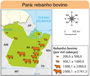 Imagem: Mapa. Pará: rebanho bovino. Mapa com destaque para o Pará e o Rebanho bovino (por mil cabeças). Três representações de rebanho entre 2000,1 a 3741,3. Cinco representações de rebanho entre 1000,1 a 2000,0. Duas representações de rebanho entre 500,1 a 1000,0. Três representações de rebanho entre 200,0 a 500,0. À direita, a rosa dos ventos (N, NE, L, SE, S, SO, O, NO) e a escala de 0 a 325 km. Fim da imagem.