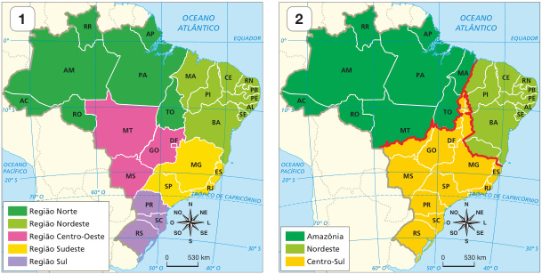 Imagem: Mapa 1. Mapa do Brasil com destaque para:  Região Norte: Acre, Amazonas, Roraima, Amapá, Pará, Tocantins e Rondônia.  Região Nordeste: Maranhão, Piauí, Ceará, Rio Grande do Norte, Paraíba, Pernambuco, Alagoas, Sergipe e Bahia.  Região Centro-Oeste: Mato Grosso, Distrito Federal, Goiás e Mato Grosso do Sul.  Região Sudeste: Minas Gerais, São Paulo, Espírito Santo e Rio de Janeiro.  Região Sul: Paraná, Santa Catarina e Rio Grande do Sul.  No canto inferior direito, a rosa dos ventos (N, NE, L, SE, S, SO, O, NO) e a escala de 0 a 530 km. Mapa 2. Mapa do Brasil com destaque para:  Amazônia (verde-escuro) abrange: AC, RO, AM, RR, PA, AP, MA, TO, MT.   Nordeste (verde-claro) abrange: MA, PI, CE, RN, PB, PE, AL, SE, BA, MG, ES.  Centro-Sul (amarelo) abrange: TO, PI, BA, MT, GO, DF, MG, ES, RJ, SP, MS, PR, SC, RS.  No canto inferior direito, a rosa dos ventos (N, NE, L, SE, S, SO, O, NO) e a escala de 0 a 530 km.  Fim da imagem.