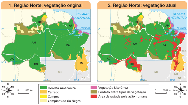 Imagem: Mapas. À esquerda, mapa 1. Região Norte: vegetação original. Mapa do Brasil com destaque para a região Norte.  Acre: Floresta Amazônica.  Amazonas: Floresta Amazônica; Contato entre tipos de vegetação; e Campinas do rio Negro.  Roraima: Floresta Amazônica; Contato entre tipos de vegetação; Campinas do rio Negro; Campos; e Cerrado.  Amapá: Floresta Amazônica; Cerrado; e Vegetação Litorânea.  Pará: Floresta Amazônica; Contato entre tipos de vegetação; Cerrado; e Vegetação Litorânea.  Tocantins: Cerrado; e Floresta Amazônica.  Rondônia: Floresta Amazônica; Cerrado; e Contato entre tipos de vegetação.  No canto inferior esquerdo, a rosa dos ventos (N, NE, L, SE, S, SO, O, NO) e a escala de 0 a 390 km. À direita, mapa 2. Região Norte: vegetação atual. Mapa do Brasil com destaque para a região Norte, igual ao mapa 1. Porém, em todo o mapa há áreas devastadas pela ação humana.  No canto inferior direito, a rosa dos ventos (N, NE, L, SE, S, SO, O, NO) e a escala de 0 a 390 km.  Fim da imagem.