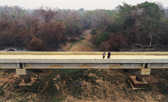 Imagem: Fotografia. Duas pessoas paradas em uma ponte sobre um rio seco. Em volta há várias árvores secas. Fim da imagem.
