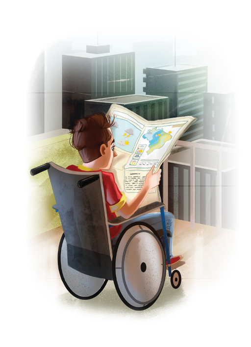 Imagem: Ilustração. Um homem cadeirante está lendo um jornal com o desenho de um mapa. Ao fundo, prédios. Fim da imagem.