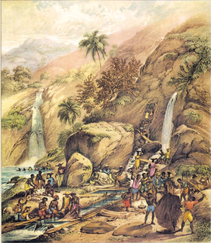 Imagem: Pintura. Várias pessoas negras estão em volta de uma cachoeira e algumas estão segurando peneiras grandes. Entre elas há alguns homens brancos e árvores.  Fim da imagem.