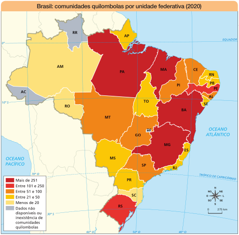 Imagem: Mapa. Brasil: comunidades quilombolas por unidade federativa (2020).  Mais de 251: PA, MA, BA, MG.  Entre 101 e 250: PE, RS.  Entre 51 e 100: MT, GO, PI, CE, AL, SP.  Entre 21 e 50: TO, AP, RN, PB, SE, ES, RJ, MS, PR.  Menos de 20: AM, RO, SC.  Dados não disponíveis ou inexistência de comunidades quilombolas: AC, RR, DF.   No canto inferior direito, a rosa dos ventos (N, NE, L, SE, S, SO, O, NO) e a escala de 0 a 275 km.  Fim da imagem.