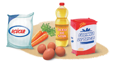 Imagem: Ilustração. Um pacote de açúcar, três cenouras, quatro ovos, uma garrafa de óleo de soja e uma embalagem de farinha de trigo. Fim da imagem.