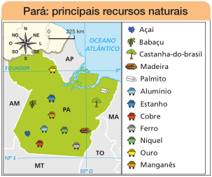 Imagem: Mapa. Pará: principais recursos naturais. Mapa com destaque para o Pará e seus recursos: Ouro, Estanho, Manganês, Alumínio, Cobre, Níquel, Ferro, Babaçu, Açaí, Palmito, Castanha-do-brasil e Madeira. No canto superior esquerdo, a rosa dos ventos (N, NE, L, SE, S, SO, O, NO) e a escala de 0 a 325 km. Fim da imagem.