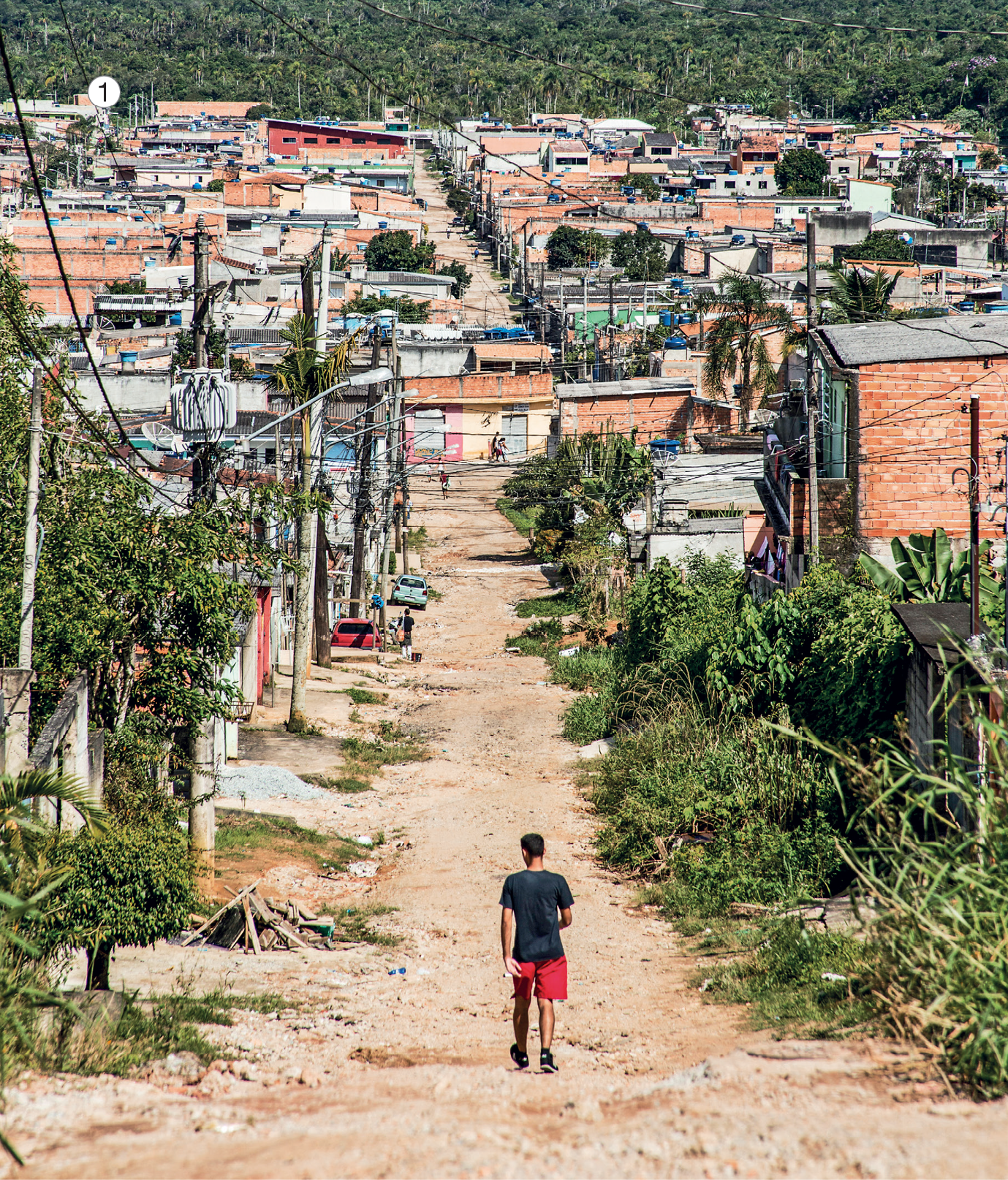 Imagem: Fotografia 1. No centro, um homem está de costas e andando sobre uma estrada de terra. Nas laterais há plantas, postes e casas. Ao fundo, várias casas e árvores.  Fim da imagem.