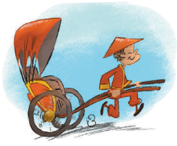 Imagem: Ilustração. Um homem com chapéu oriental e roupa laranja está sorrindo e puxando uma charrete.   Fim da imagem.