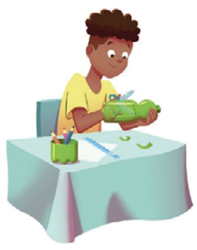 Imagem: Ilustração. Um jovem está sentado e cortando uma garrafa de plástico com uma tesoura. Na frente dele há uma régua e um papel sobre uma mesa. Ao lado, a base de uma garrafa está cortada e com lápis dentro.  Fim da imagem.