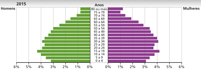 Imagem: Pirâmide etária - 2015. À esquerda, os dados dos homens, à direita, os dados das mulheres e no centro, os anos. Na parte inferior, a porcentagem. Os dados são aproximados.  80 ou mais: Homens: 0,7%; Mulheres: 1,2%;  75 a 79: Homens: 0,7%; Mulheres: 1%; 70 a 74: Homens: 1,2%; Mulheres: 1,4%; 65 a 69: Homens: 1,5%; Mulheres: 1,9%; 60 a 64: Homens: 2%; Mulheres: 2,4%; 55 a 59: Homens: 2,5%; Mulheres: 2,9%; 50 a 54: Homens: 3%; Mulheres: 3,4%; 45 a 49: Homens: 3,3%; Mulheres: 3,5%; 40 a 44: Homens: 3,5%; Mulheres: 3,7%; 35 a 39: Homens: 3,6%; Mulheres: 4%; 30 a 34: Homens: 3,8%; Mulheres: 4,1%; 25 a 29: Homens: 3,6%; Mulheres: 3,8%; 20 a 24: Homens: 3,8%; Mulheres: 3,7%; 15 a 19: Homens: 4,3%; Mulheres: 4,2%; 10 a 14: Homens: 4%; Mulheres: 3,7%; 5 a 9: Homens: 3,7%; Mulheres: 3,5%; 0 a 4: Homens: 3,3%; Mulheres: 3,1%;  Fim da imagem.