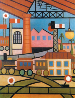 Imagem: Pintura com formas geométricas. No centro há um trem sobre um trilho. Ao lado, casas e árvores. Ao fundo, uma fábrica ao lado de uma chaminé alta.  Fim da imagem.