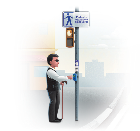 Imagem: Ilustração. Um homem com óculos escuros, camisa branca, colete, calça e sapatos pretos está segurando uma bengala com a mão esquerda e com a mão direita, ele aperta um botão na lateral de um farol. Acima do farol, uma placa com a silhueta de uma pessoa e a informação: PEDESTRE AGUARDE O SINAL VERDE. Fim da imagem.