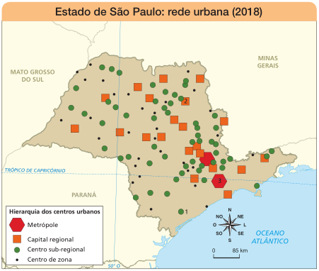 Imagem: Mapa. Estado de São Paulo: rede urbana (2018).  Destaque para um Centro sub-regional (1) próximo ao Oceano Atlântico.  Capital regional (2) na zona NE de São Paulo.  Metrópole (3) na zona SE de São Paulo.  E por todo o mapa há Centros de zona.  No canto inferior direito, a rosa dos ventos (N, NE, L, SE, S, SO, O, NO) e a escala de 0 a 85 km.  Fim da imagem.