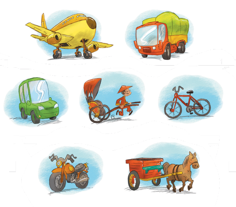 Imagem: Ilustração. Um avião amarelo, um caminhão vermelho, um carro verde, um homem oriental puxando uma charrete, uma bicicleta vermelha, uma moto amarela e um cavalo puxando uma carroça.  Fim da imagem.