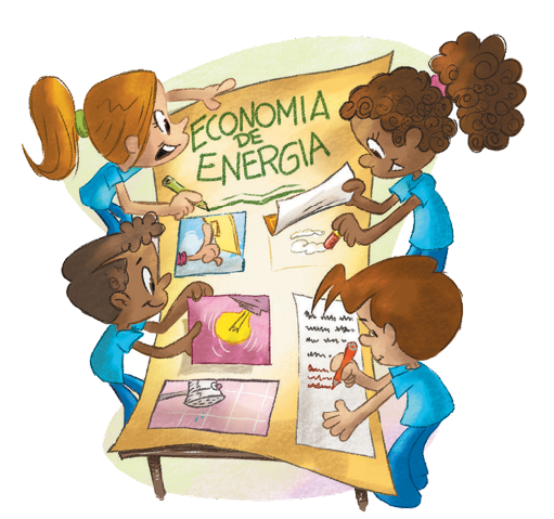 Imagem: Ilustração. Quatro jovens com uniforme azul estão escrevendo e colando fotos em um cartaz. No topo, a informação: ECONOMIA DE ENERGIA.  Fim da imagem.