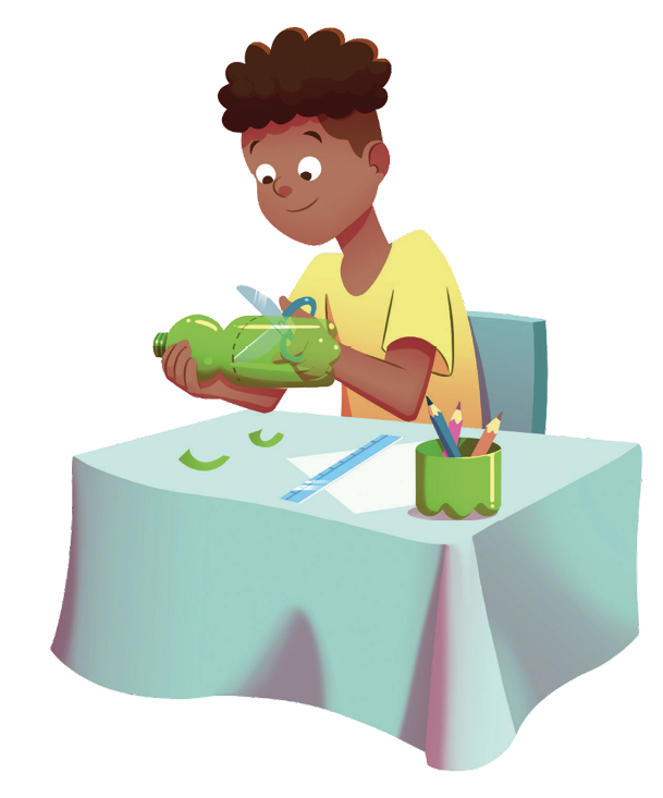 Imagem: Ilustração. Um jovem está sentado e cortando uma garrafa de plástico com uma tesoura. Na frente dele há uma régua e um papel sobre uma mesa. Ao lado, a base de uma garrafa está cortada e com lápis dentro. Fim da imagem.