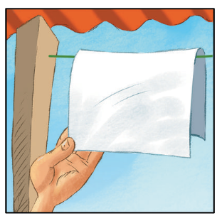 Imagem: Ilustração. A mão está segurando o tecido branco sobre um varal. No tecido há manchas cinza.   Fim da imagem.