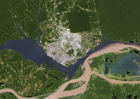 Imagem: Fotografia de satélite. No centro há um rio sinuoso e em volta, terras verdes com manchas brancas e um caminho marrom.  Fim da imagem.