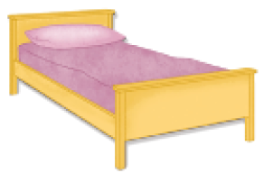 Imagem: Ilustração. Cama amarela com colchão e travesseiro rosa. Fim da imagem.