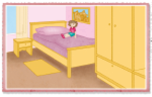 Imagem: Ilustração. um quarto com tapete, guarda-roupas e cama. Fim da imagem.
