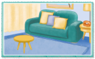 Imagem: Ilustração. uma sala com sofá, almofadas amarelas e azul, e mesinha de centro. Fim da imagem.