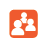 Imagem: Ícone: Atividade em grupo, composto pela ilustração da silhueta de três pessoas dentro de um quadrado laranja. Fim da imagem.