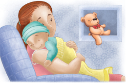 Imagem: Ilustração. Mulher de cabelo longo castanho, vestindo vestido rosa, segurando um menino bebê de camiseta azul e touca azul sobre uma manta amarela. Ao lado, um urso marrom sobre nicho na parede. Fim da imagem.