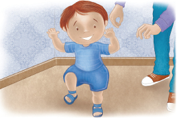 Imagem: Ilustração. Menino de cabelo curto castanho, vestindo camiseta e bermuda azul. Está dando passos, ao lado, destaque de pernas e mãos próximas ao menino. Fim da imagem.