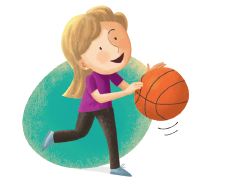Imagem: Ilustração. Menina de cabelo longo loiro, vestindo camiseta roxa e calça preta. Está jogando uma bola de basquete. Fim da imagem.
