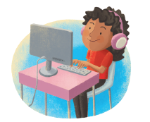 Imagem: Ilustração. Menina de cabelo longo cacheado castanho e fone de ouvido roxo, vestindo camiseta vermelha e calça preta. Está usando um computador. Fim da imagem.