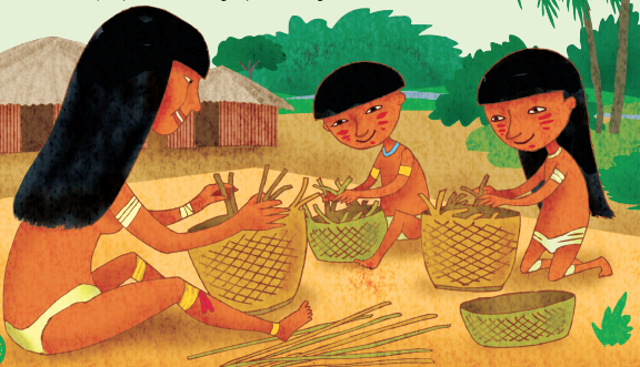 Imagem: Ilustração. Mulher indígena de cabelo longo preto, ao lado, menino indígena de cabelo curto preto e menina indígena de cabelo longo preto, os três montam cestas de vime em um campo de areia. Ao redor, árvores e ocas de palha.  Fim da imagem.