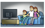 Imagem: Ilustração. Homem, mulher e uma criança sentados em um sofá com uma televisão à frente ligada. Fim da imagem.