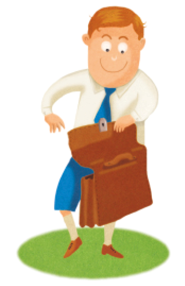 Imagem: 1. Ilustração. Menino de cabelo curto loiro, vestindo camiseta branca e bermuda azul. Segurando uma maleta marrom. Fim da imagem.