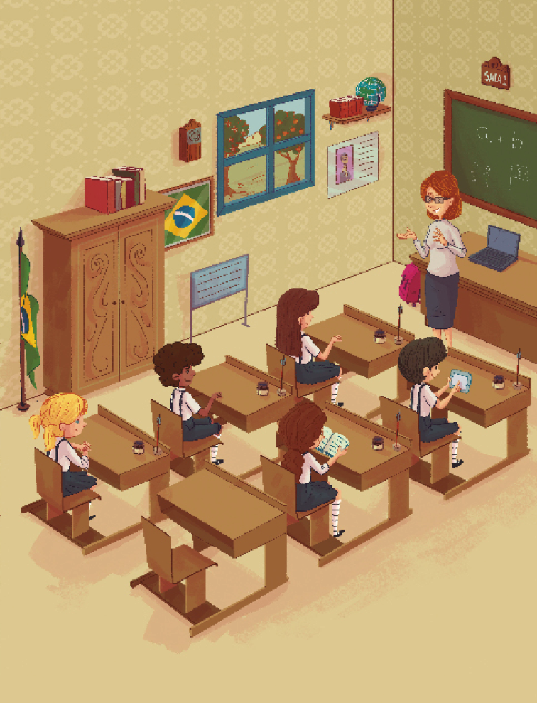 Imagem: Ilustração. Sala de aula com crianças vestindo camiseta branca, suspensório, saia e bermuda azul. Todas as carteiras possuem caneta tinteiro. À frente, um notebook sobre a mesa do professor, uma mochila de rodinha rosa, um menino usando um tablete. Fim da imagem.