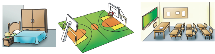 Imagem: Ilustração. Quarto com uma cama e um guarda roupas.  Ilustração. Quadra de basquete demarcada com cestos de basquete em plataformas altas. Ilustração. Sala com carteiras individuais enfileiradas, à frente há uma lousa e uma mesa.  Fim da imagem.