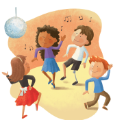 Imagem: Ilustração. Duas meninas e dois meninos dançando com notas musicais ao redor e um globo de luz pendurado acima. Fim da imagem.
