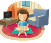 Imagem: Ilustração. Uma menina de cabelo longo castanho, vestindo camiseta azul, sentada em uma almofada segurando um livro aberto, ao lado há uma poltrona azul e uma televisão em uma estante. Fim da imagem.