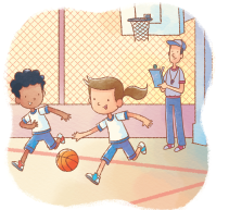 Imagem: Ilustração. Menino e menina de uniforme de camiseta branca e bermuda azul. Estão jogando basquete. Fim da imagem.