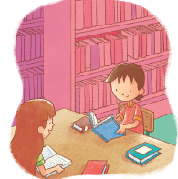 Imagem: Ilustração. Menino e menina em uma biblioteca com livros abertos e prateleiras de livros. Fim da imagem.